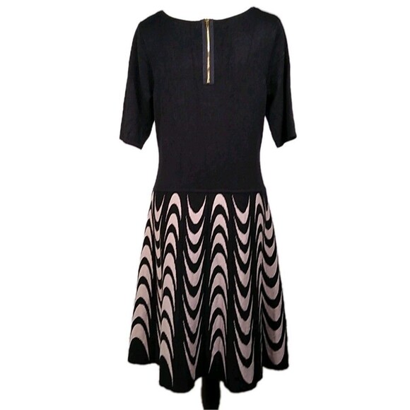 DANNY & NICOLE Midi Knee Dress Drop Waist Fit And Flare  Black Tan Geometric  L - Picture 3 of 8